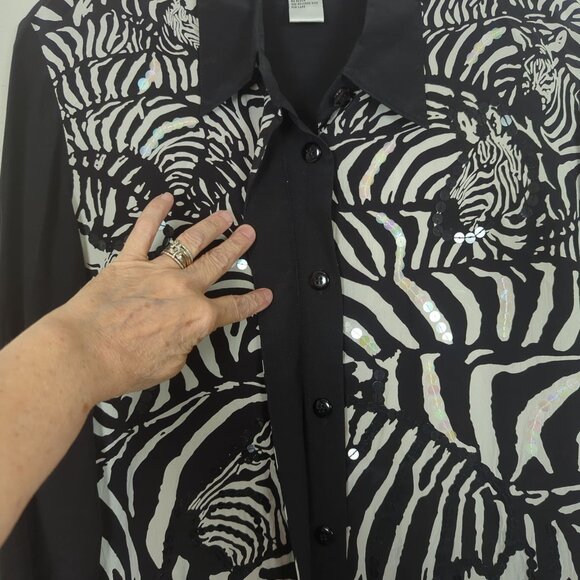 Vintage Diane Gilman Zebra Print Button-Up Black‎ White Silk Sequin Blouse Sz S - Picture 5 of 16